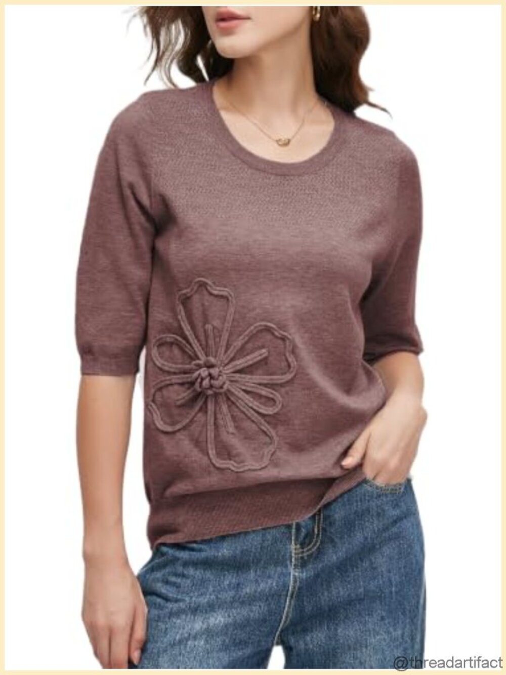 Women 3/4 Sleeve Floral Sweater Lightweight Knit Pullover